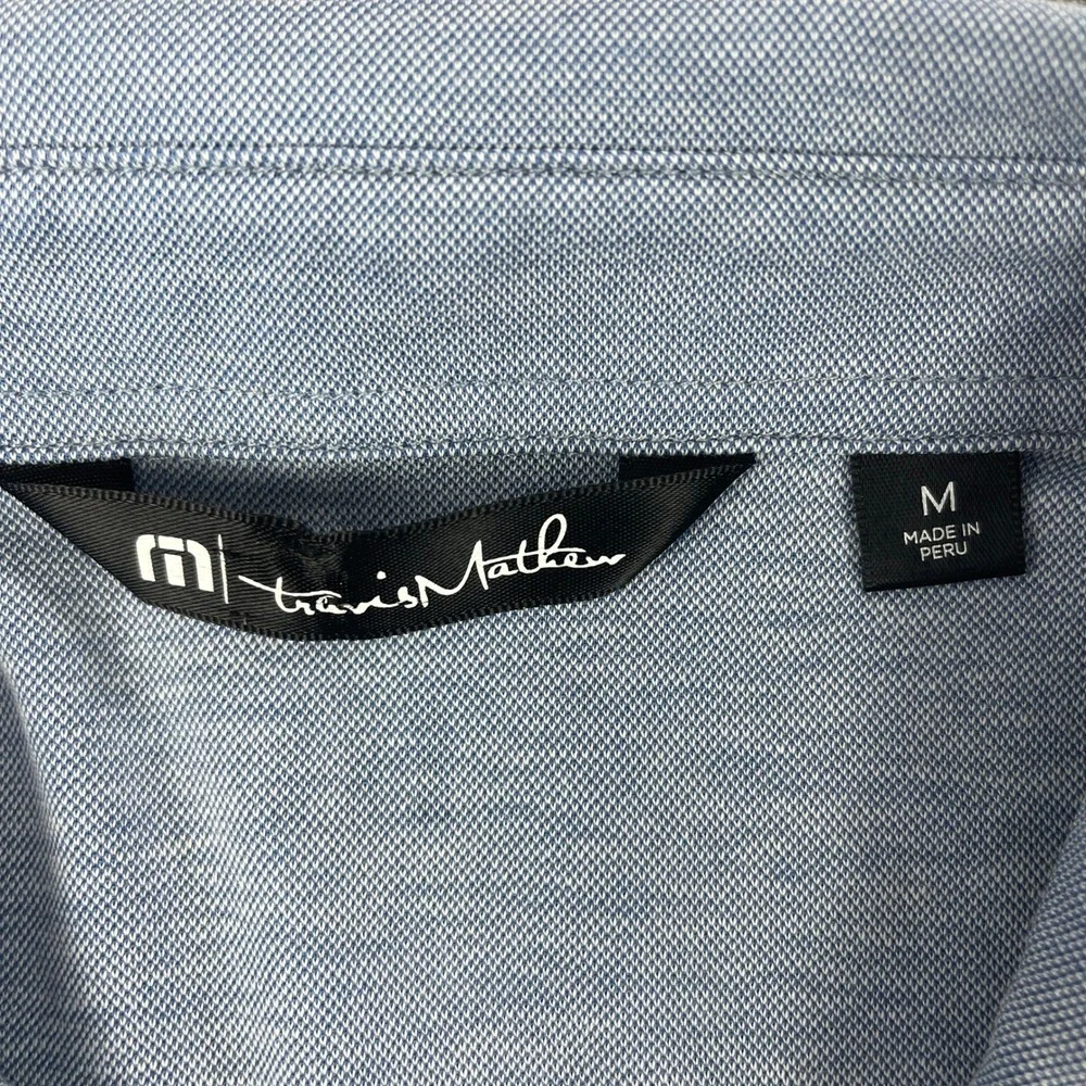 TravisMathew Mens M Blue Grey Polo Shirt Four Seasons Golf Striped Logo